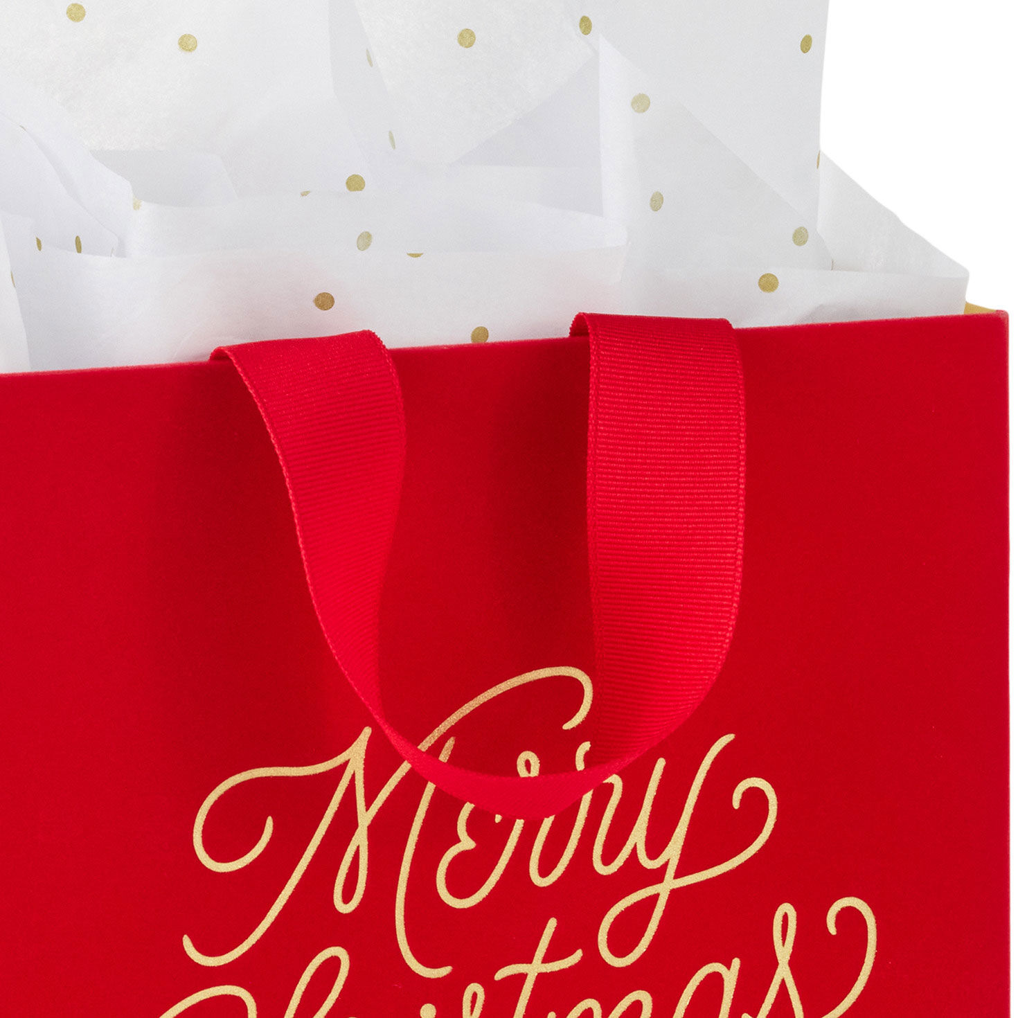 Gold Lettering on Red Christmas Gift Bag with Tissue Handle Detail image number 4