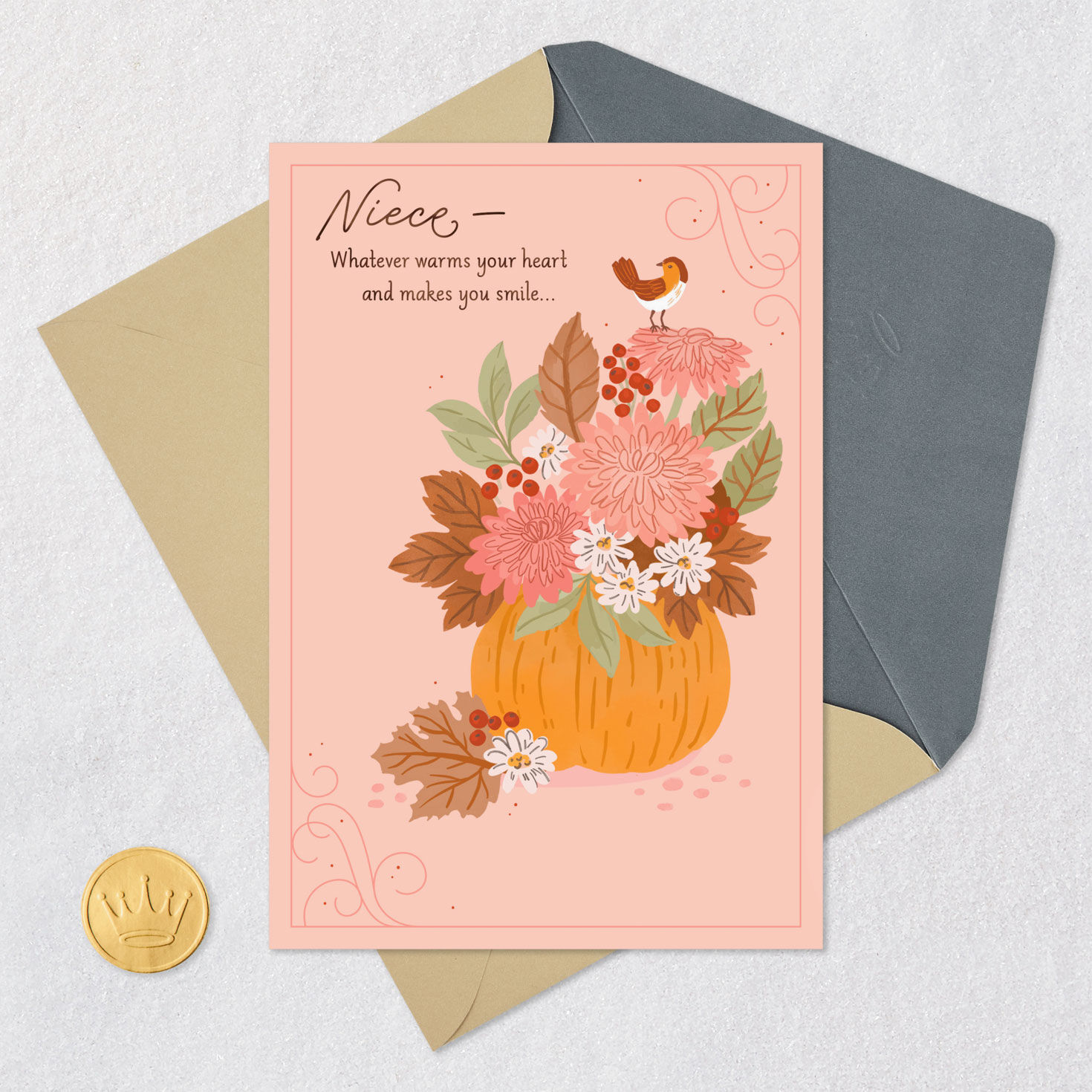 Pink Mums in Pumpkin Thanksgiving Card for Niece Card Front with Envelope and Gold Seal image number 6
