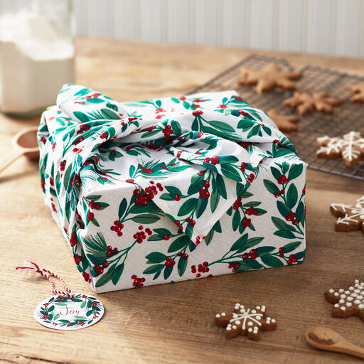 26" Greenery and Berries Christmas Fabric Gift Wrap With Twine and Tag, 