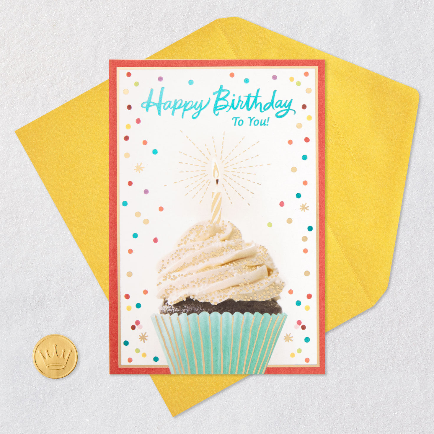 Cupcake, Candle and Confetti Happy Birthday Card Card Front with Envelope and Gold Seal image number 5