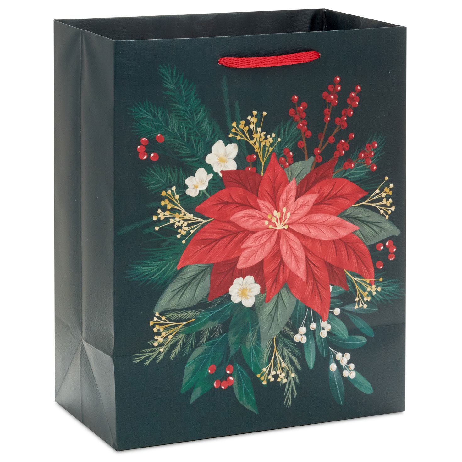 Red Poinsettia on Black Medium Christmas Gift Bag back image number 6