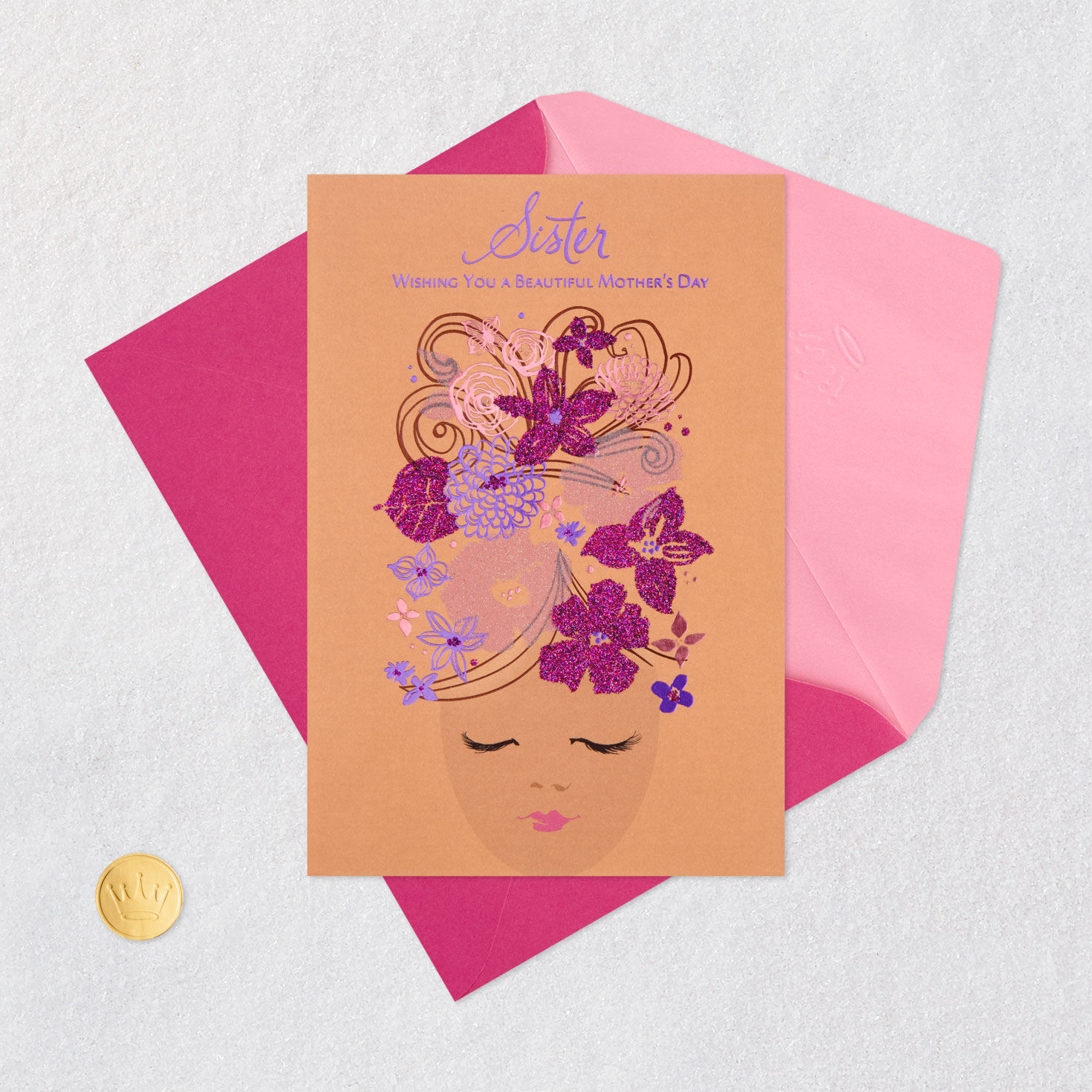 Woman With Floral Headpiece Sister Mother's Day Card Card Front with Envelope and Gold Seal image number 5