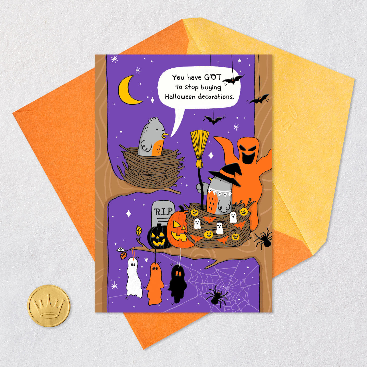 Birds and Pumpkins Funny Halloween Card Card Front with Envelope and Gold Seal image number 5