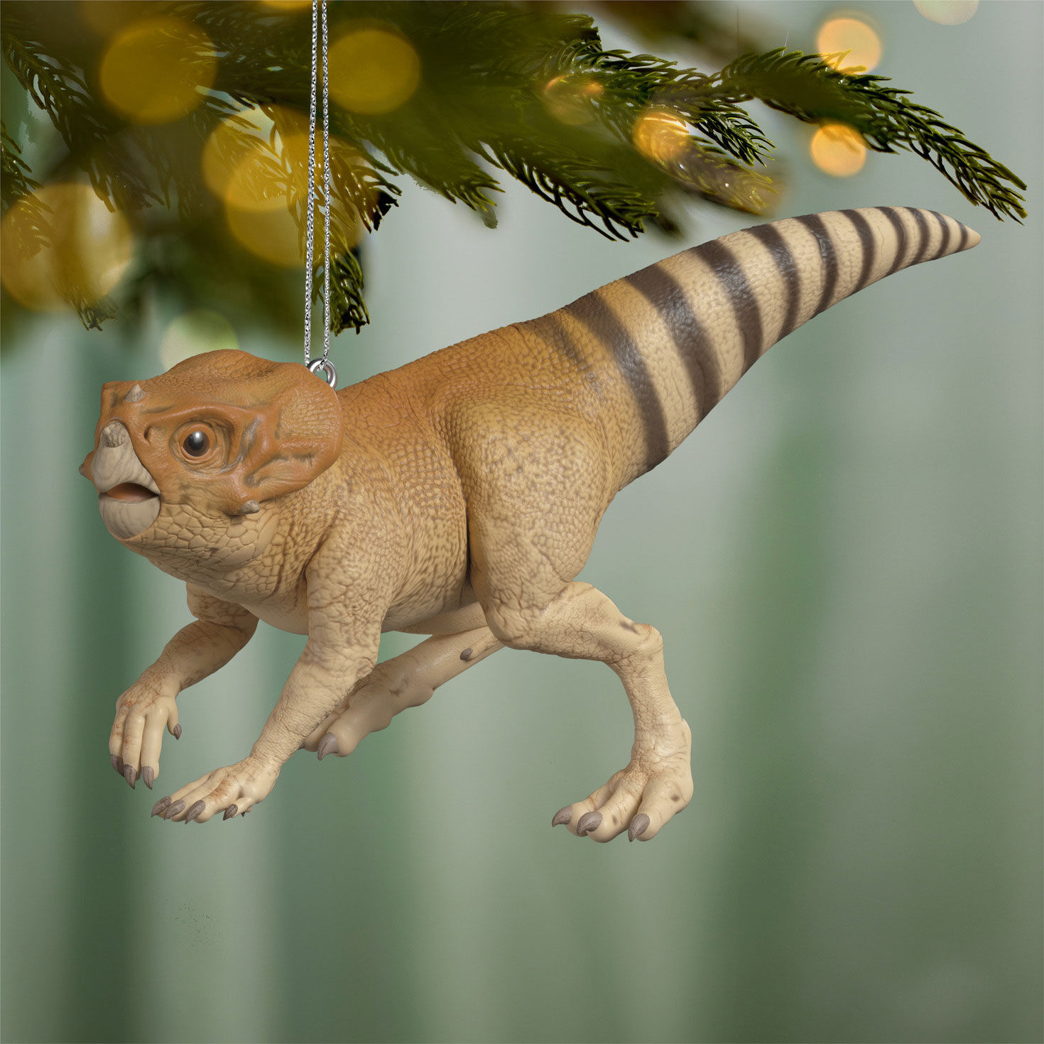 Orange and Brown Dinosaur Keepsake Ornament Hanging on tree image number 2