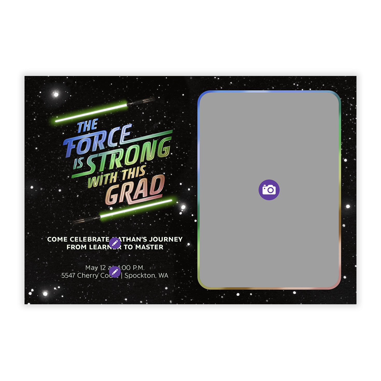Star Wars Lettering on Galaxy Grad Party Invitation Card Front indicating personalization image number 5