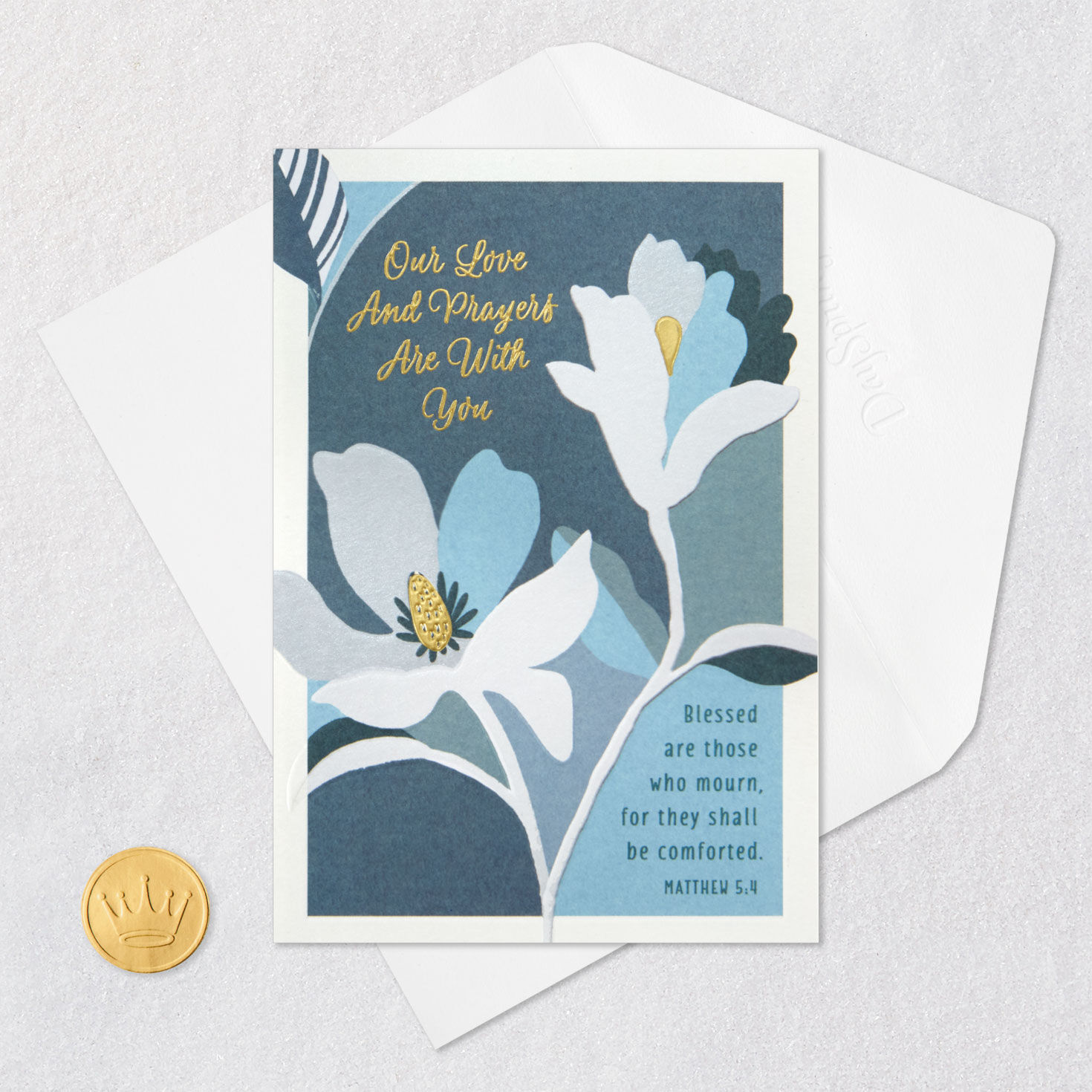 Lilies on Blue Christian Sympathy Card From All Card Front with Envelope and Gold Seal image number 5