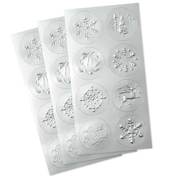 Silver Foil Embossed Holiday Seals, 3 sheets