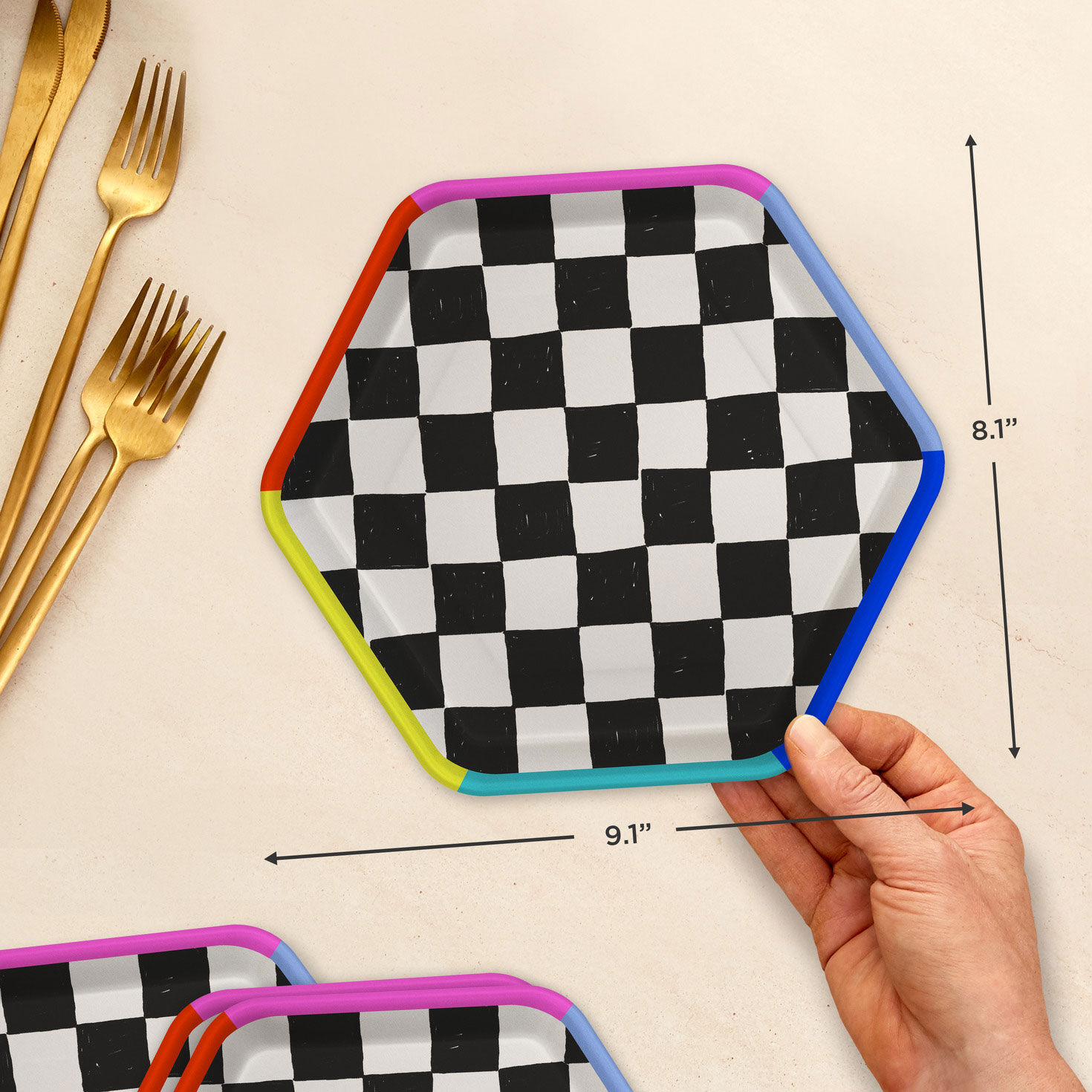 Black and White Checkered Hexagonal Dessert Plates, Pack of 8, , large image number 2