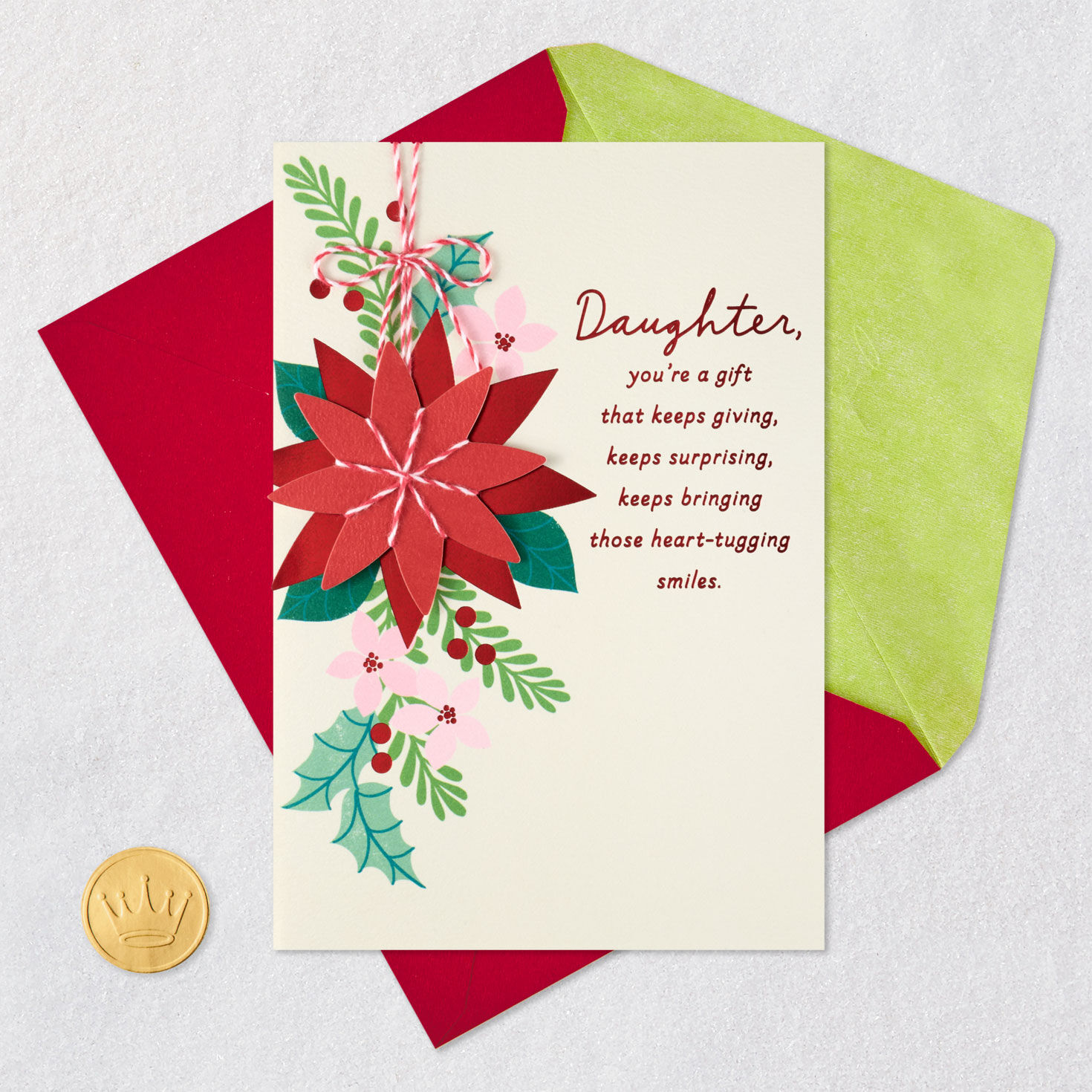 Red and Pink Poinsettias Daughter Christmas Card Card Front with Envelope and Gold Seal image number 6
