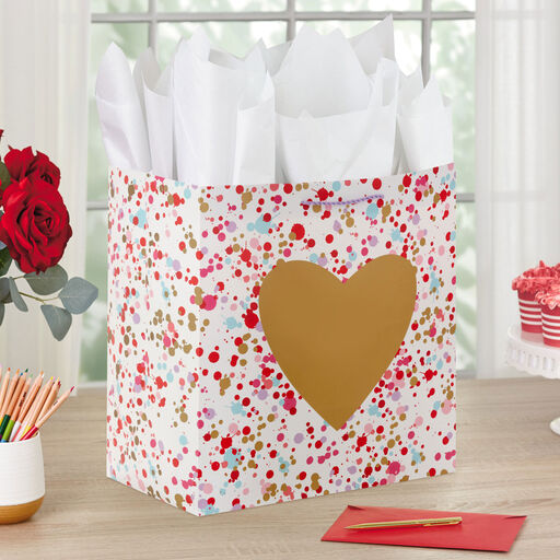 15" Gold Heart on Confetti Extra-Deep Gift Bag, 