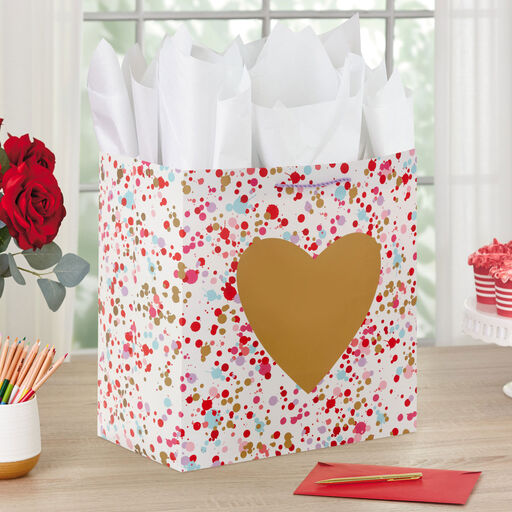 15" Gold Heart on Confetti Extra-Deep Gift Bag, 