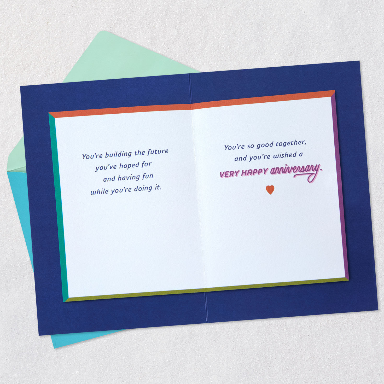 Modern Rainbow Lettering on Navy Anniversary Card Open card with envelope image number 4