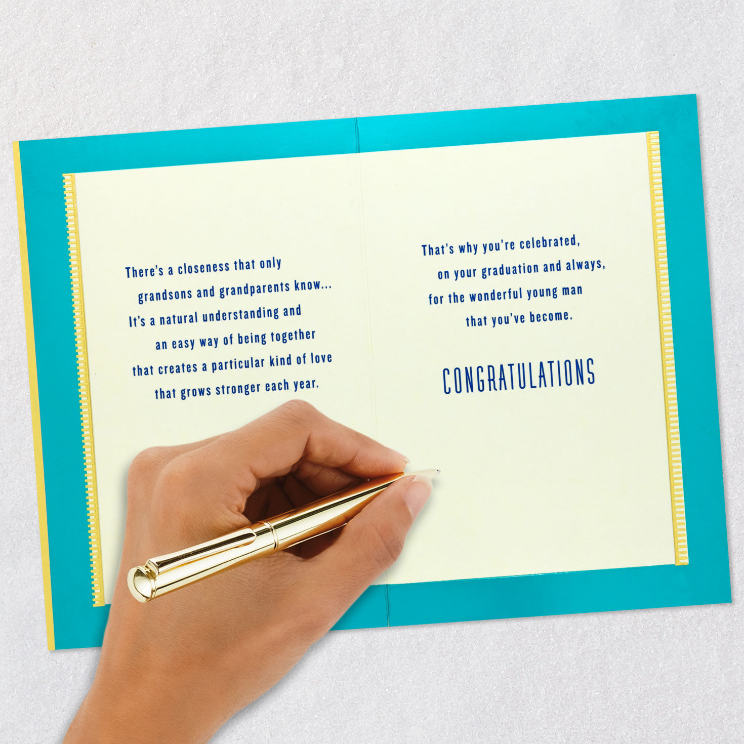 Teal Square and Books Graduation Card for Grandson Signing card image number 7