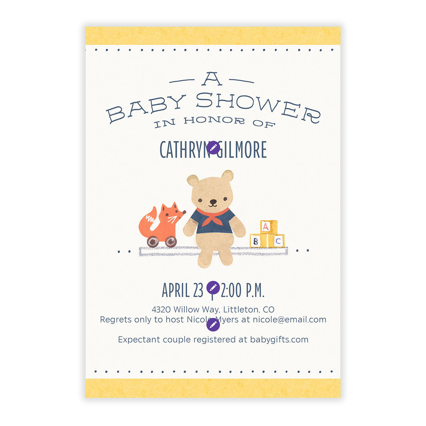 Toys on Shelf Personalized Baby Shower Invite Card Front indicating personalization image number 5
