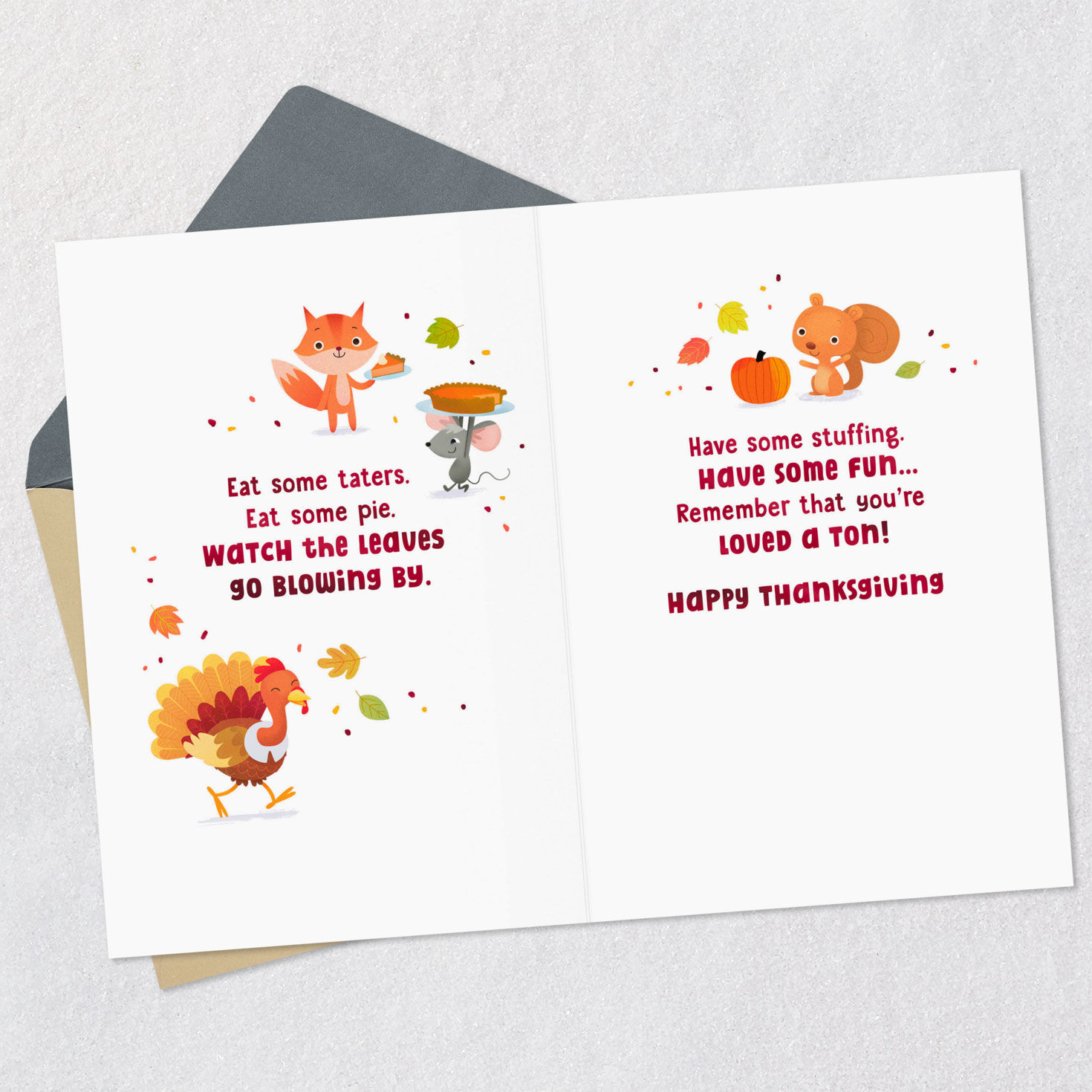 Squirrel, Fox and Owl Kids Thanksgiving Card Open card with envelope image number 4