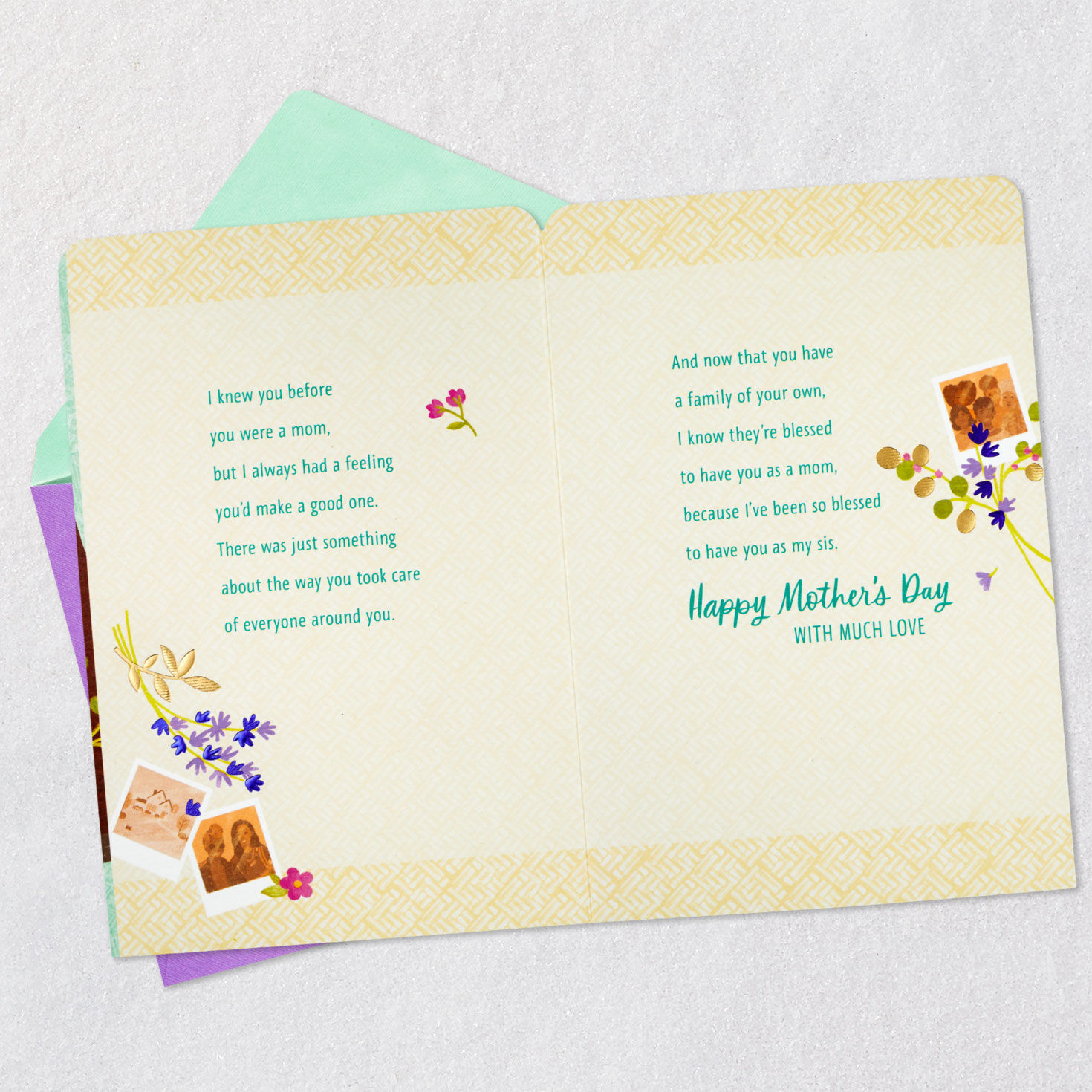 Flowers and Scrapbook Sister Mother's Day Card Open card with envelope image number 4