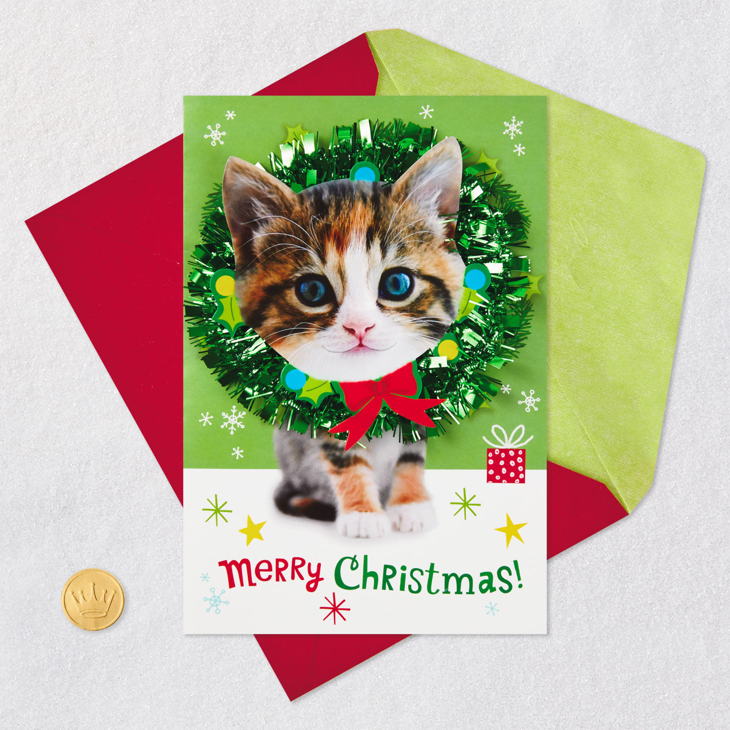 Cat in Green Wreath Musical Christmas Card Card with envelope and Seal image number 5