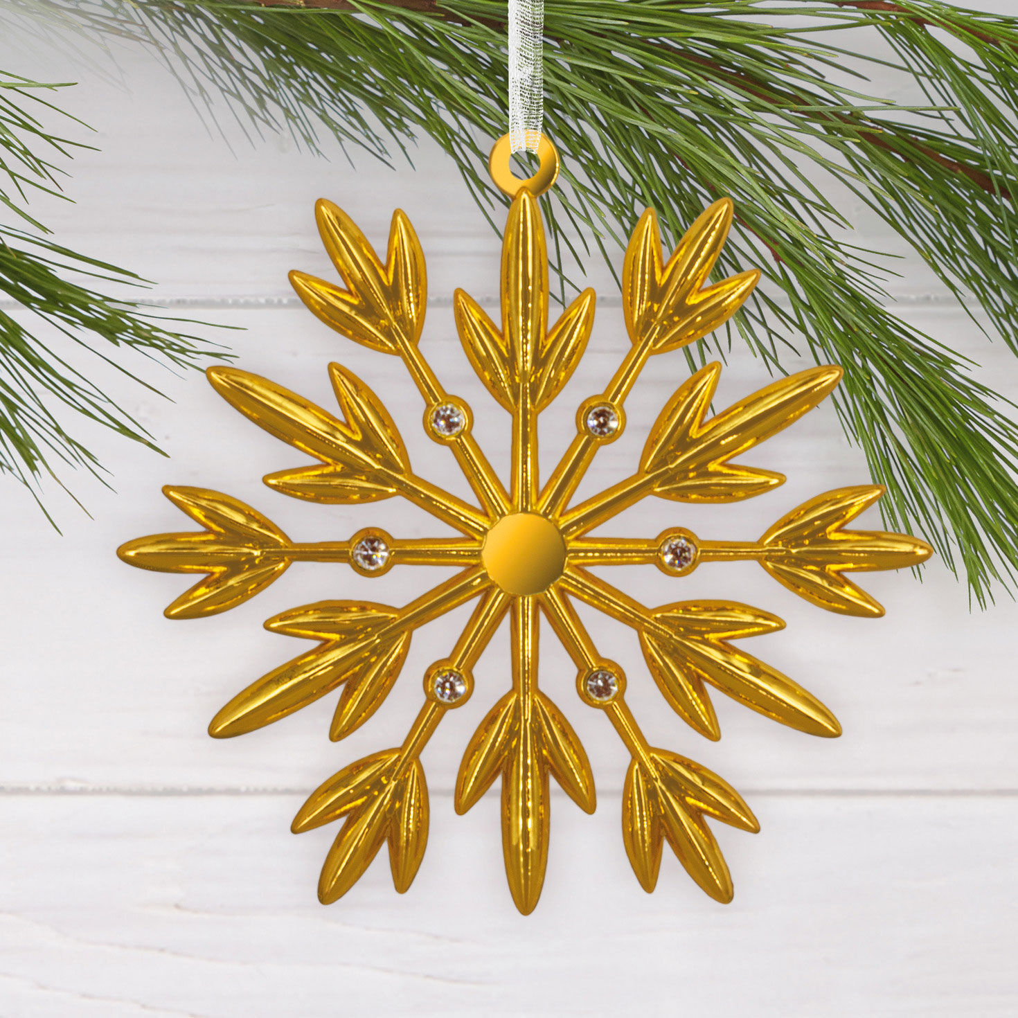 Gold Snowflake Christmas Ornament hanging on tree image number 2