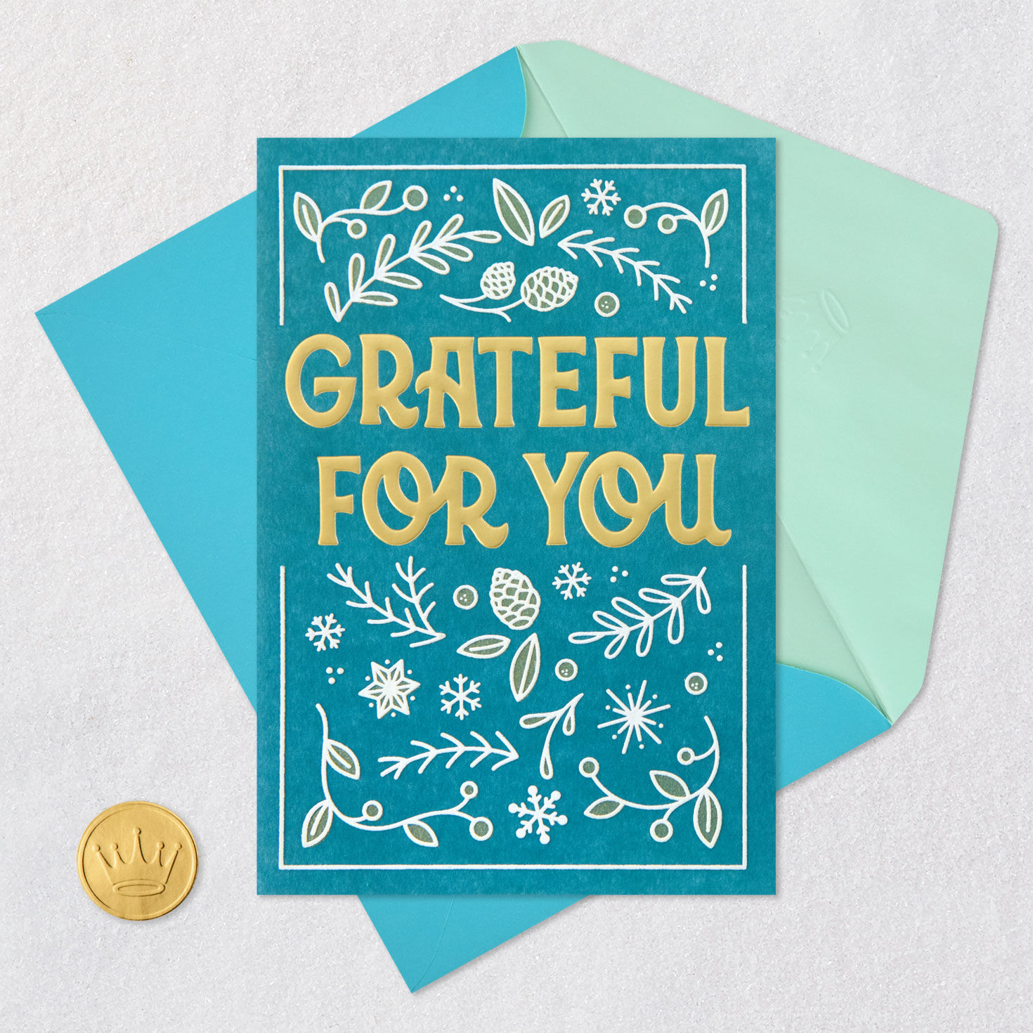 Teal Botanical Grateful for You Christmas Card Card with envelope and Seal image number 6