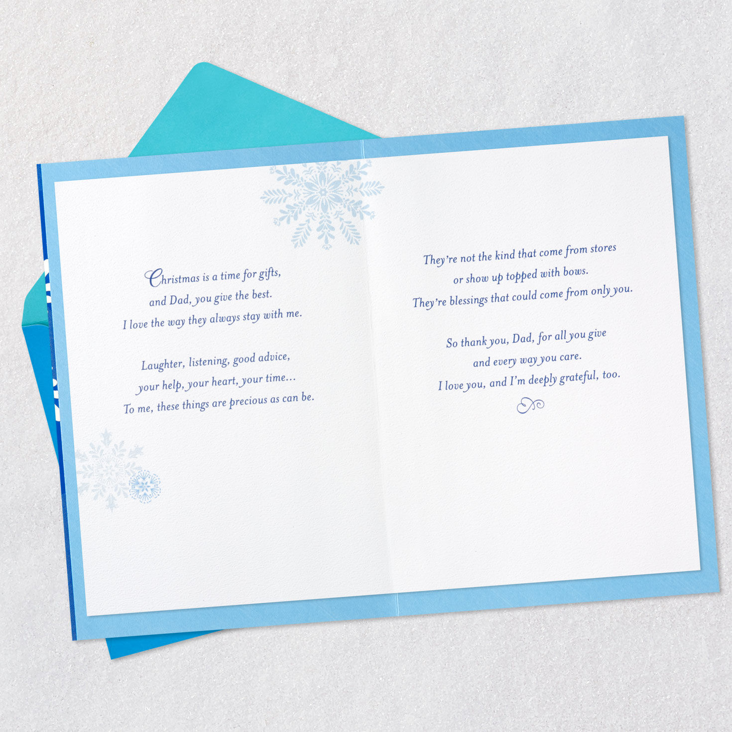 Blue and White Snowflakes Dad Christmas Card from Daughter Open card with envelope image number 4