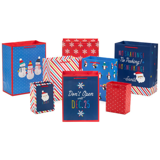 Red and Blue 8-Pack Christmas Gift Bags, Assorted Sizes and Designs, 