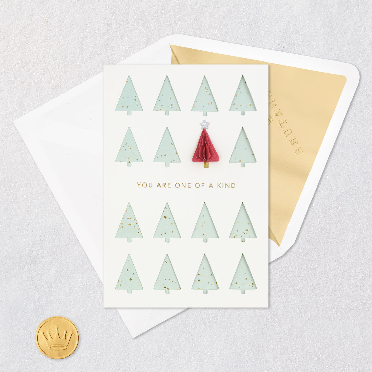 Unique Red Tree in Forest Christmas Card Card Front with Envelope and Gold Seal image number 5