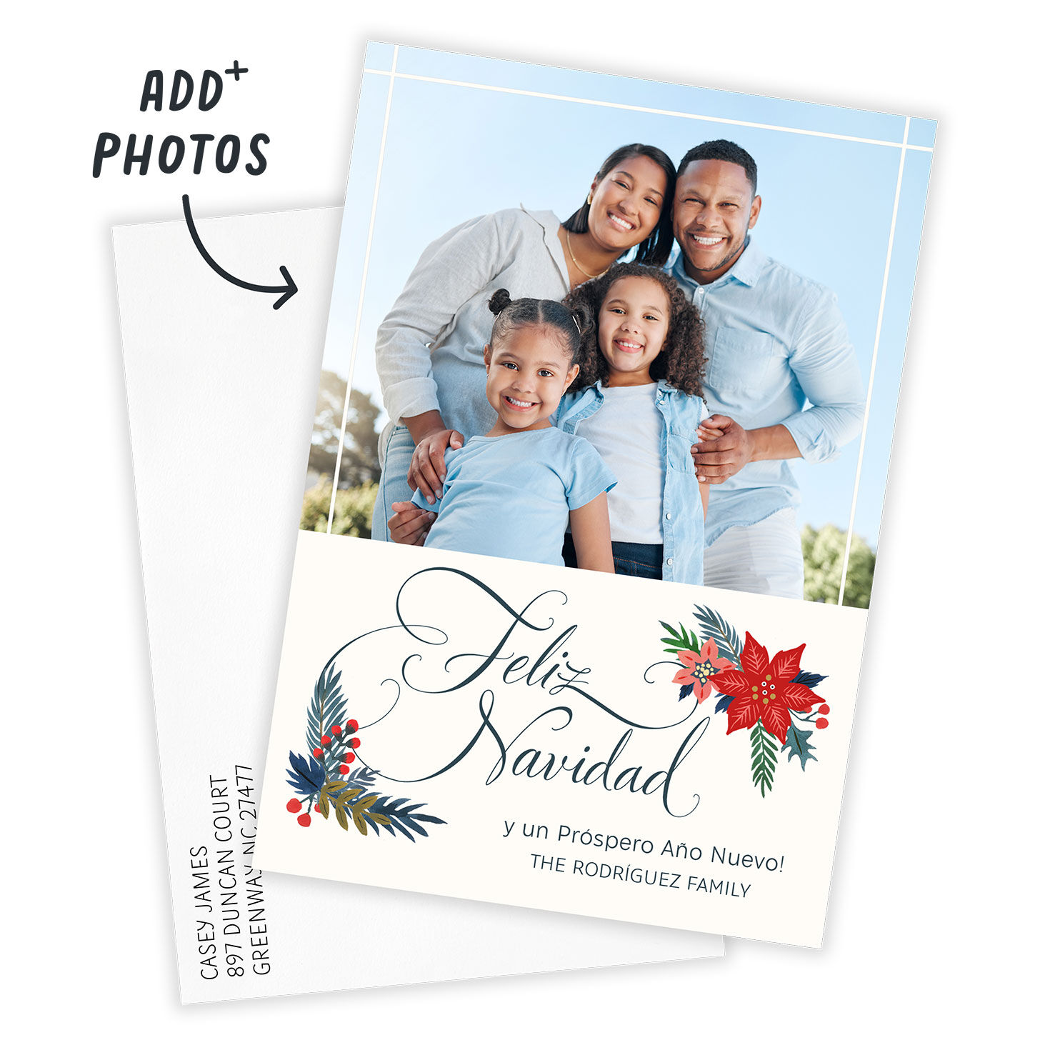 Red Pink Poinsettia Feliz Navidad Photo Card Card with Envelope indicating personalization image number 2