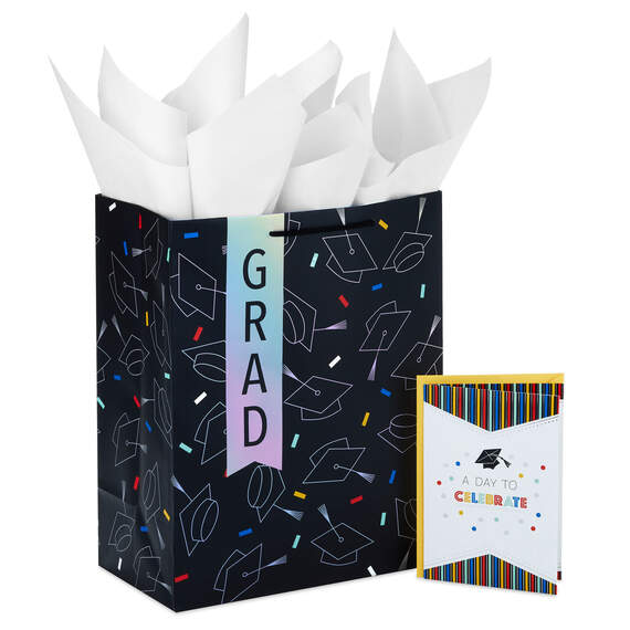 13" Grad Hats on Black Large Gift Bag With Graduation Card and Tissue Paper