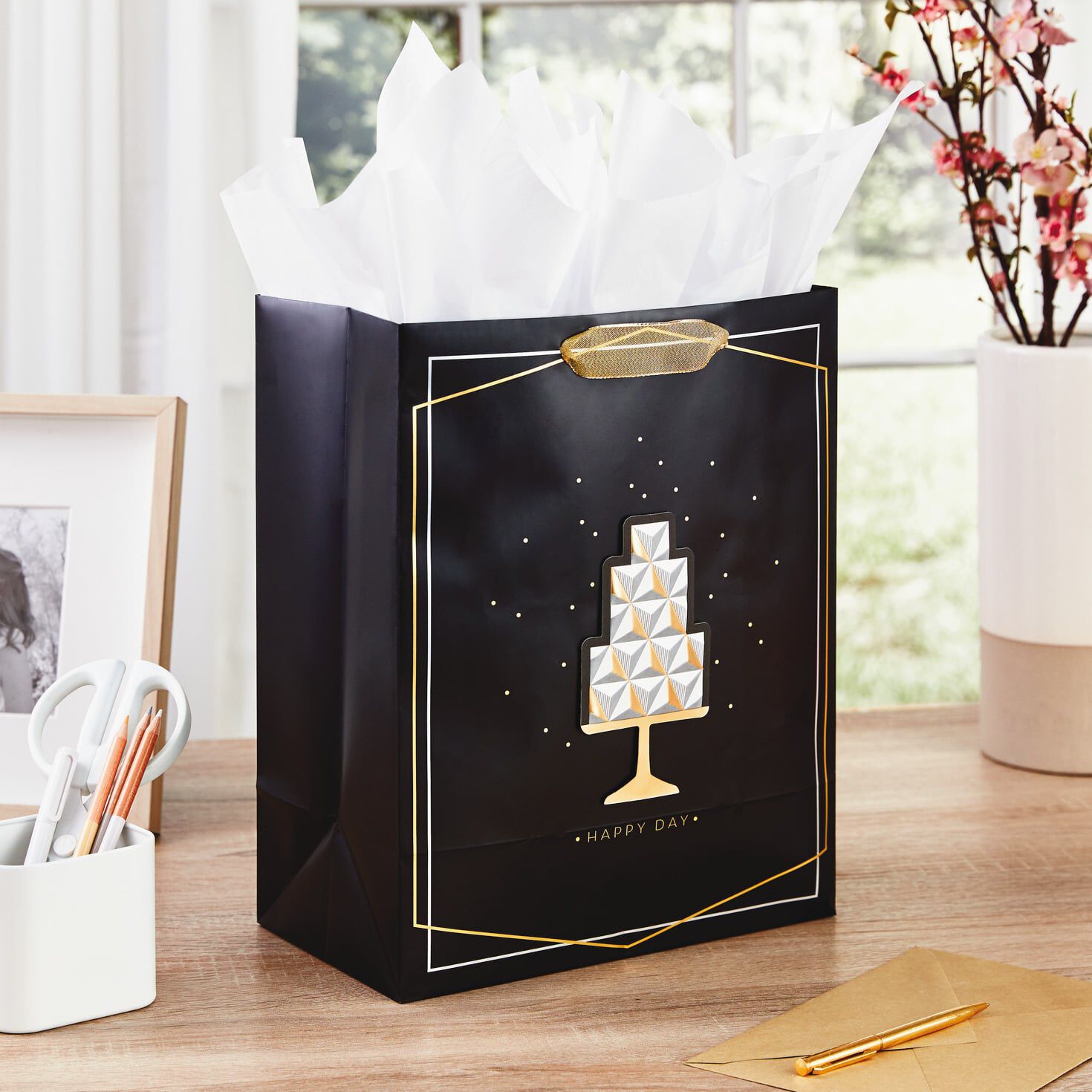 12 Pk Large Metallic Gold Gift Bags w/Tissue Paper Love Wedding Shower 