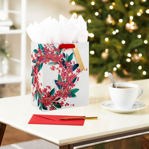 9.6" Berry Wreath on White Medium Christmas Gift Bag, 