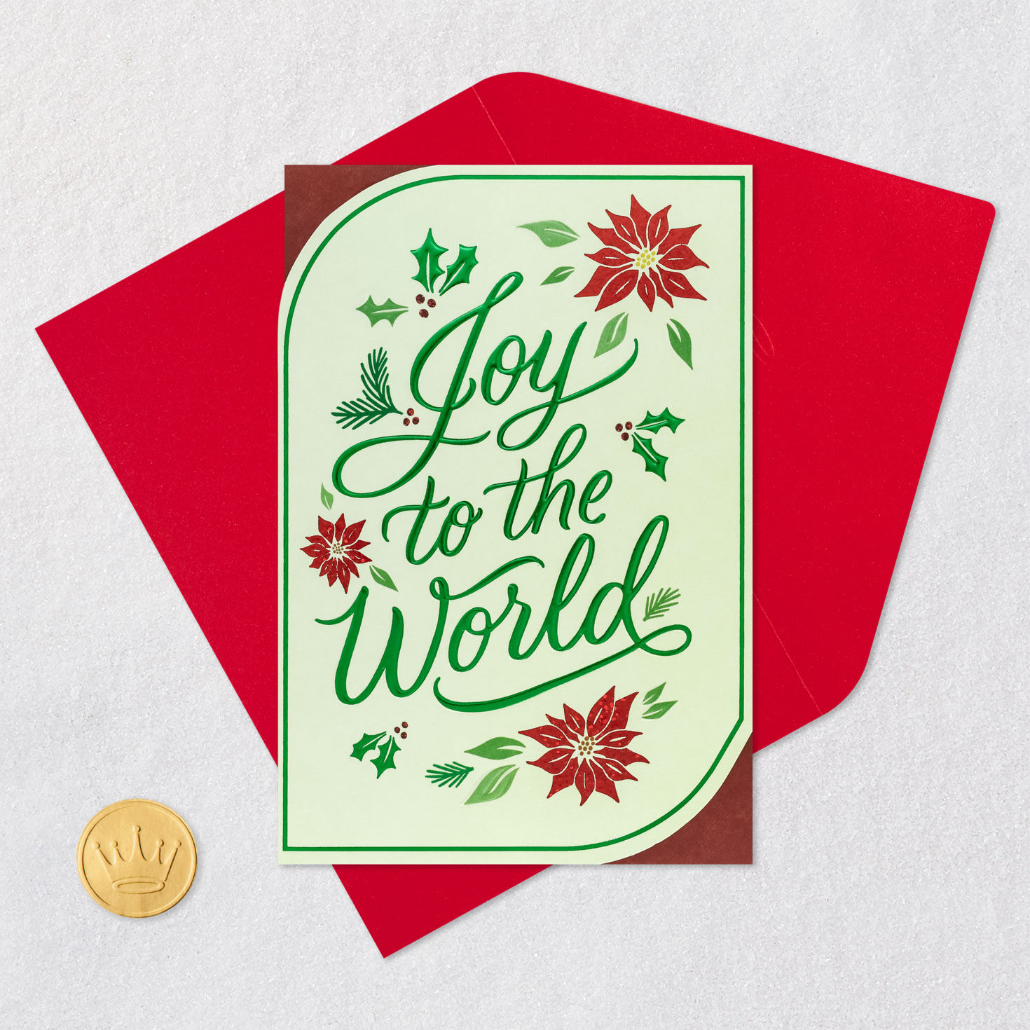 Poinsettia Joy to the World Christmas Card Card Front with Envelope and Gold Seal image number 6