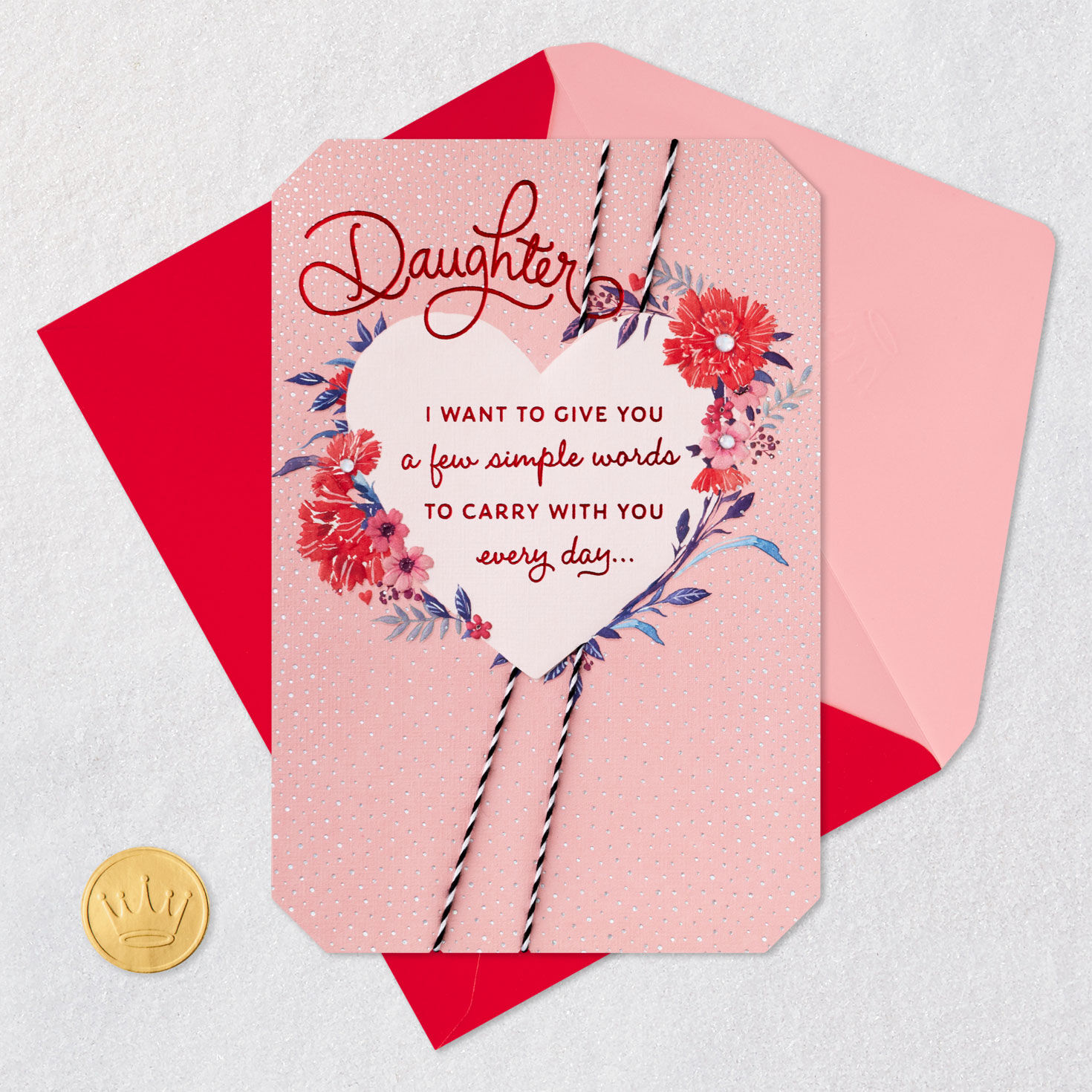 Floral Heart Daughter Valentine's Day Card Card Front with Envelope and Gold Seal image number 5