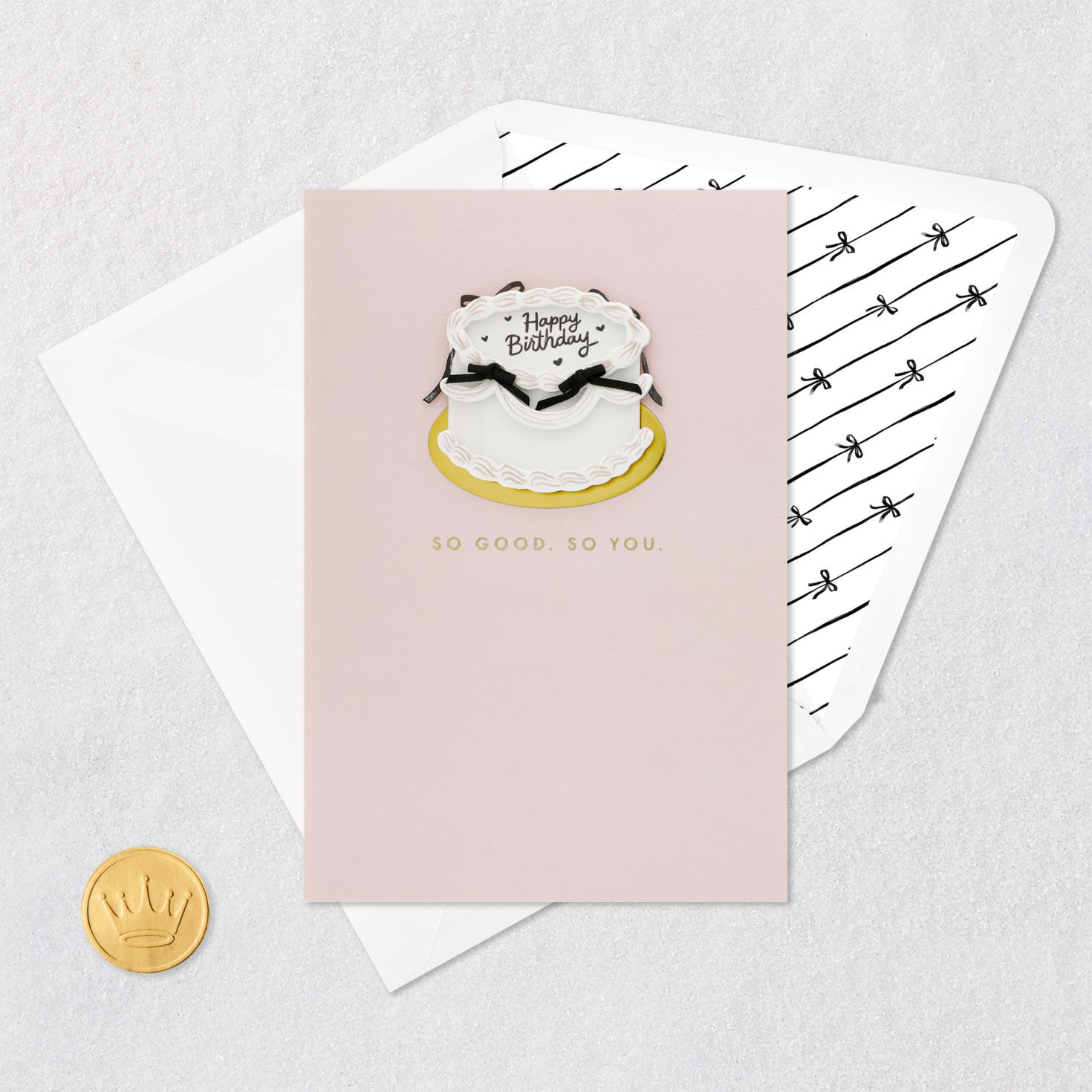 White and Pink Cake with Black Bows Birthday Card Card Front with Envelope and Gold Seal image number 5