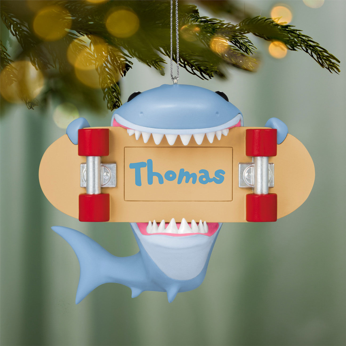 Shark With Skateboard Personalized Text Ornament hanging on tree image number 3