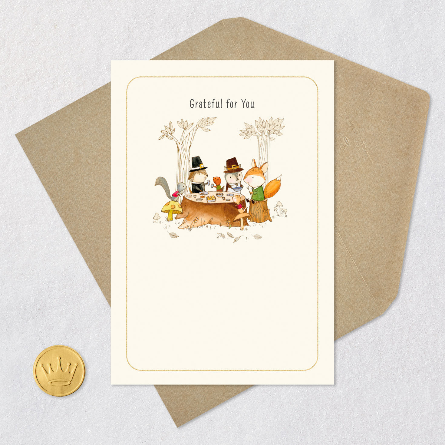 Woodland Animals Feast Thanksgiving Card Card Front with Envelope and Gold Seal image number 5