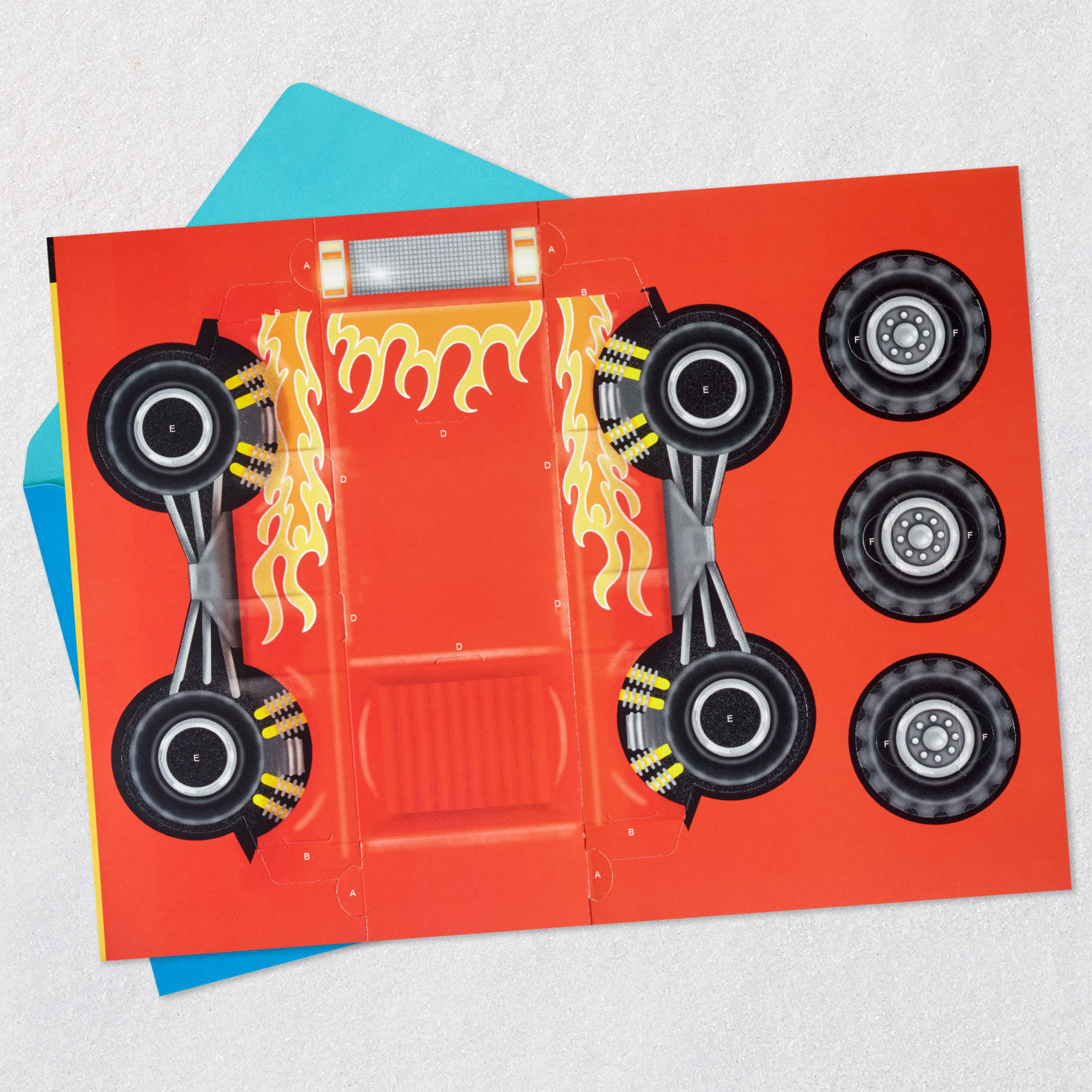 Monster Truck Kids Birthday Card With Papercraft Activity Open card with envelope image number 3