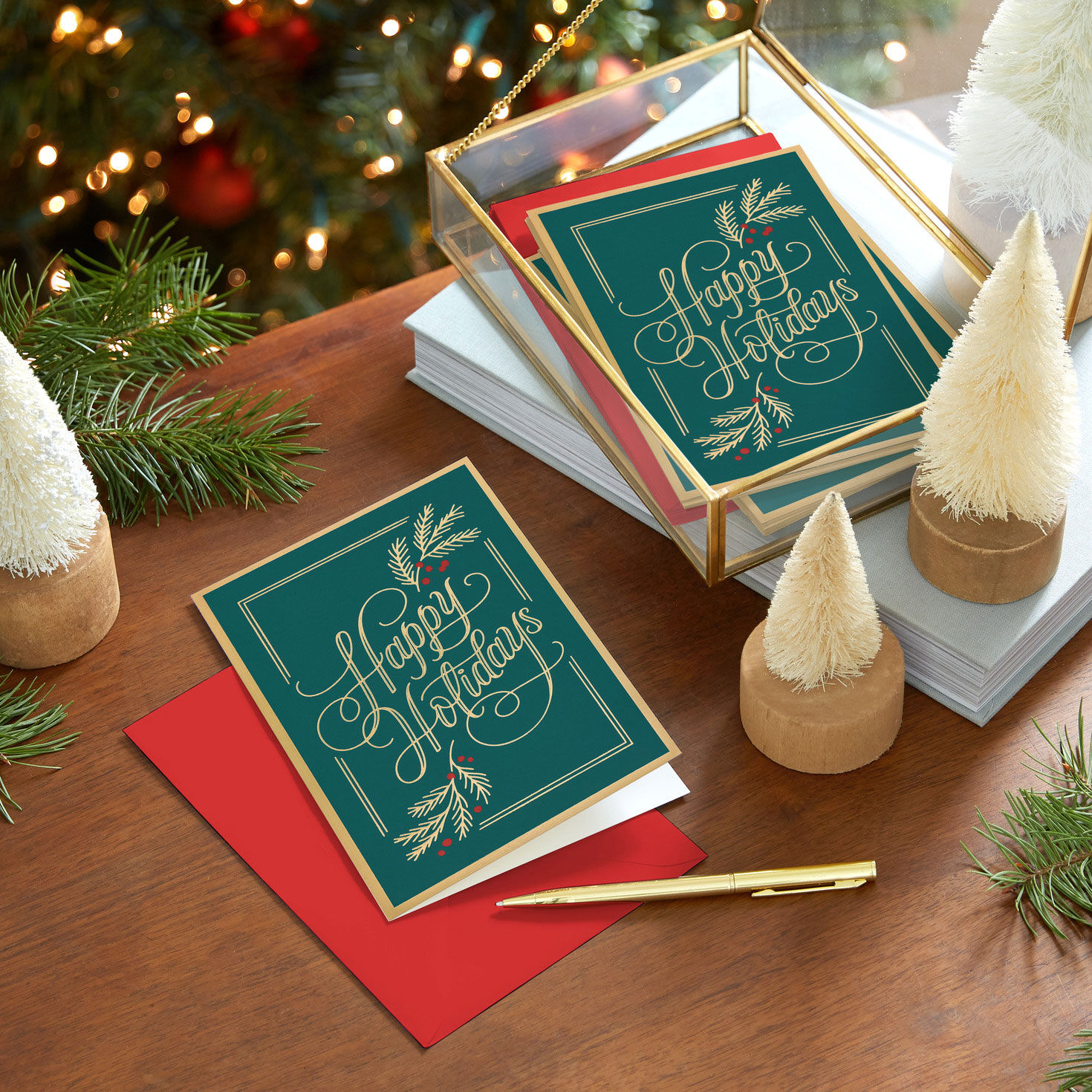 Gold Lettering on Green Boxed Christmas Cards in use image number 6