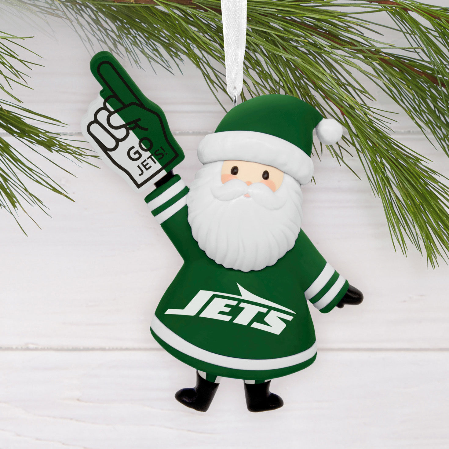 New York Jets Santa Fan Christmas Ornament hanging on tree image number 2