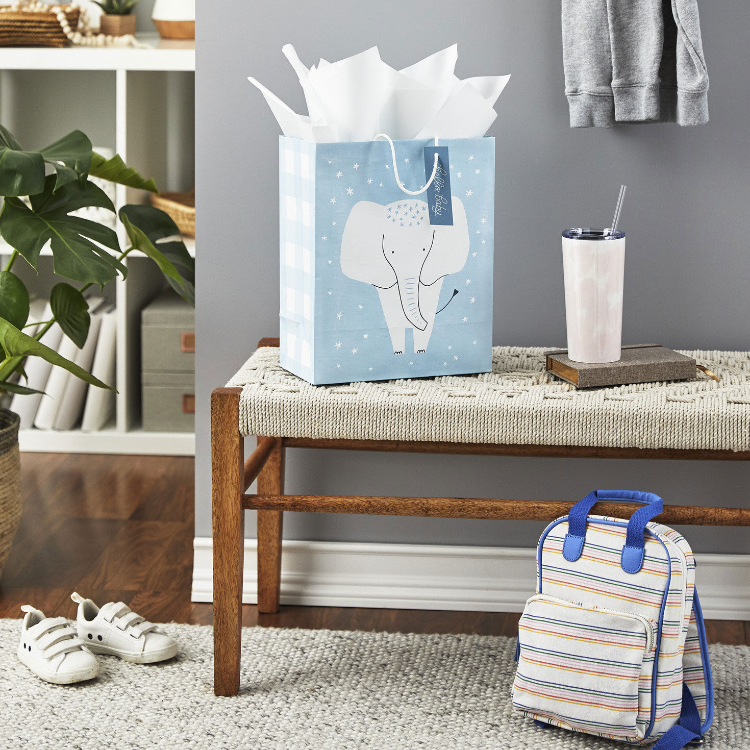 Hallmark New Baby Boy Gift Bag – Large Elephant Design Bag With Ribbon Handles & Gift Tag