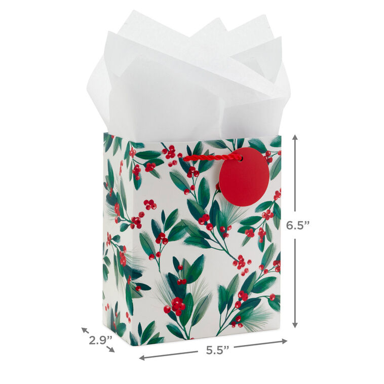 6.5" Winter Greenery Small Christmas Gift Bag With Tissue Paper, , large image number 3