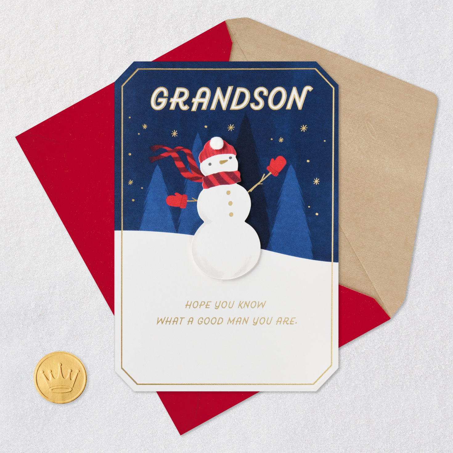 Snowman in Snowy Forest Grandson Christmas Card Card Front with Envelope and Gold Seal image number 6