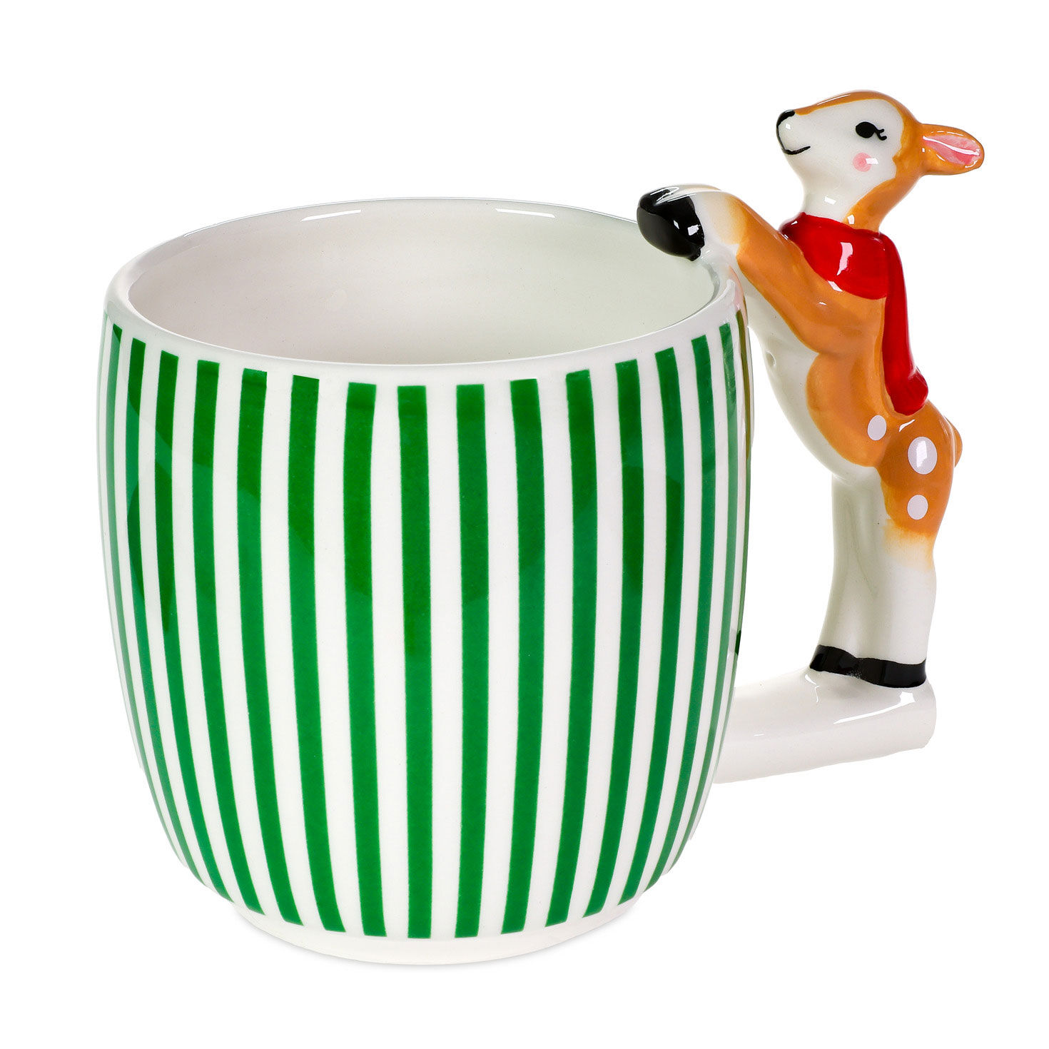 Green and White Striped Mug With Reindeer Handle side image number 3