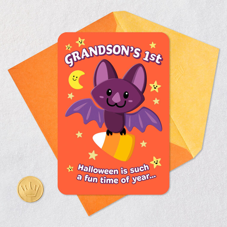 Baby Bat Grandson's 1st Halloween Card Card Front with Envelope and Gold Seal image number 5