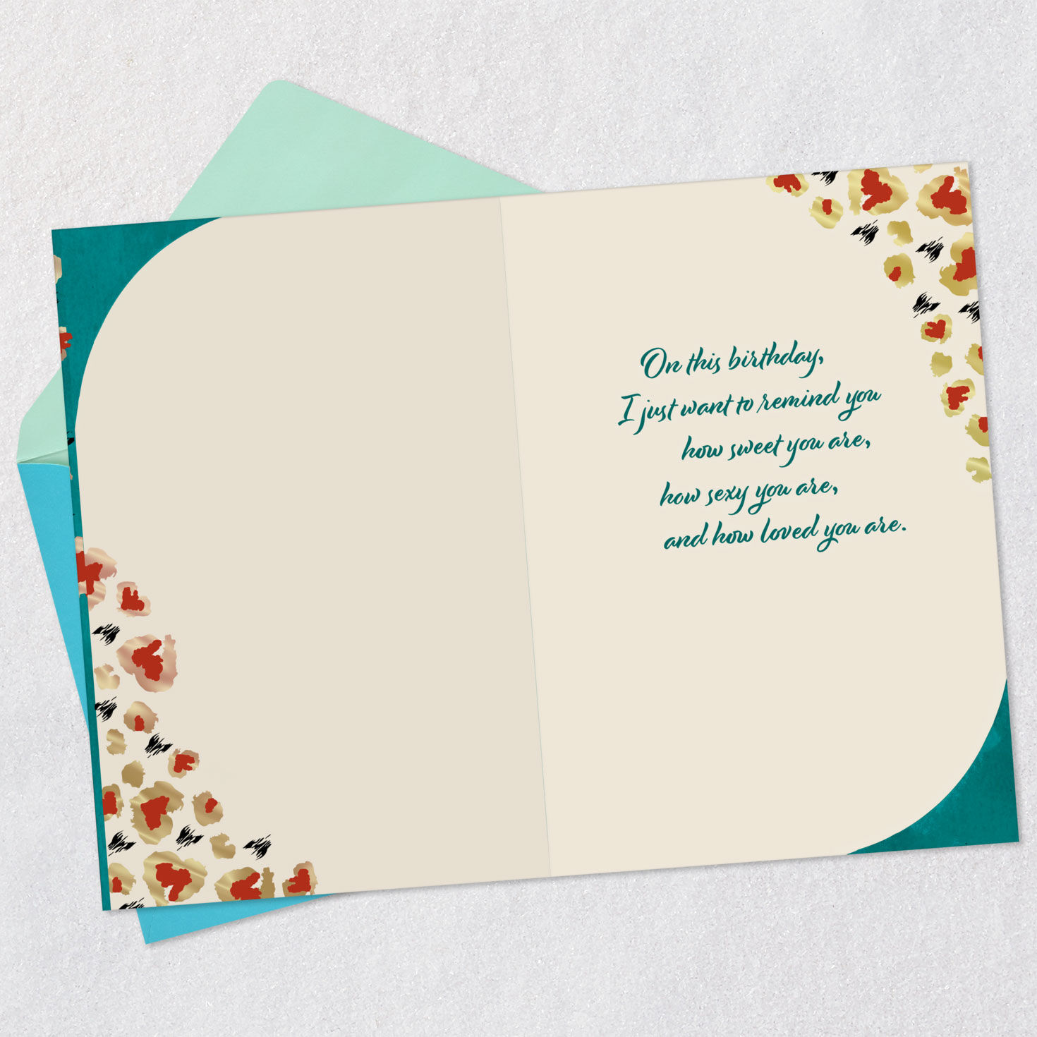 Red Gold Animal Print on Teal Birthday Card Open card with envelope image number 3