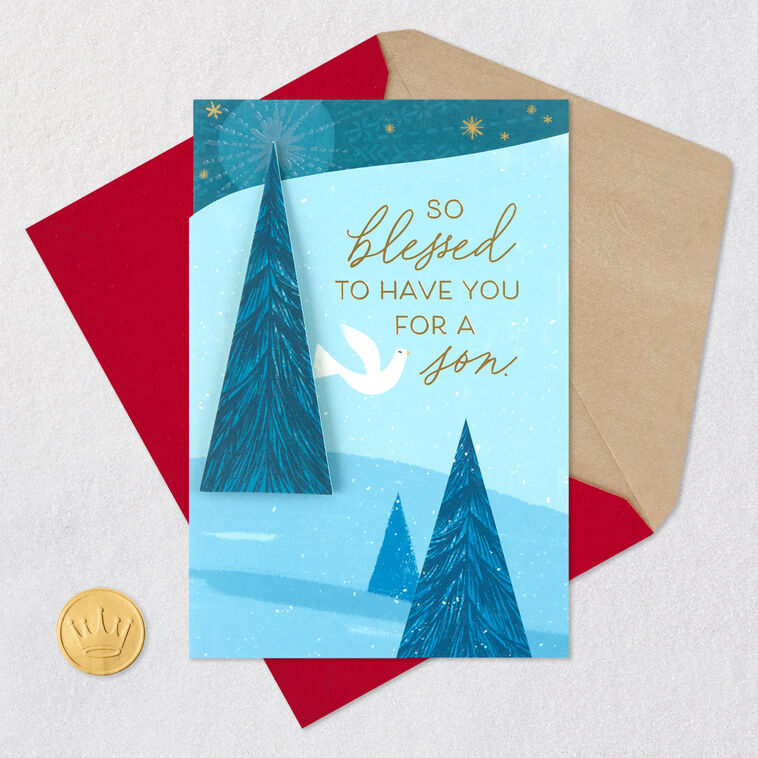 Dove and Trees Son Christmas Card Card Front with Envelope and Gold Seal image number 7