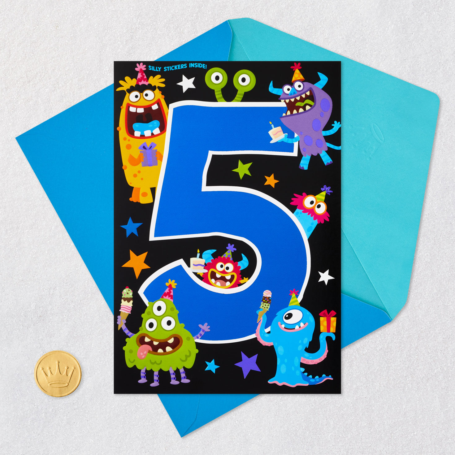 Cute Monsters 5th Birthday Card With Stickers Card Front with Envelope and Gold Seal image number 6