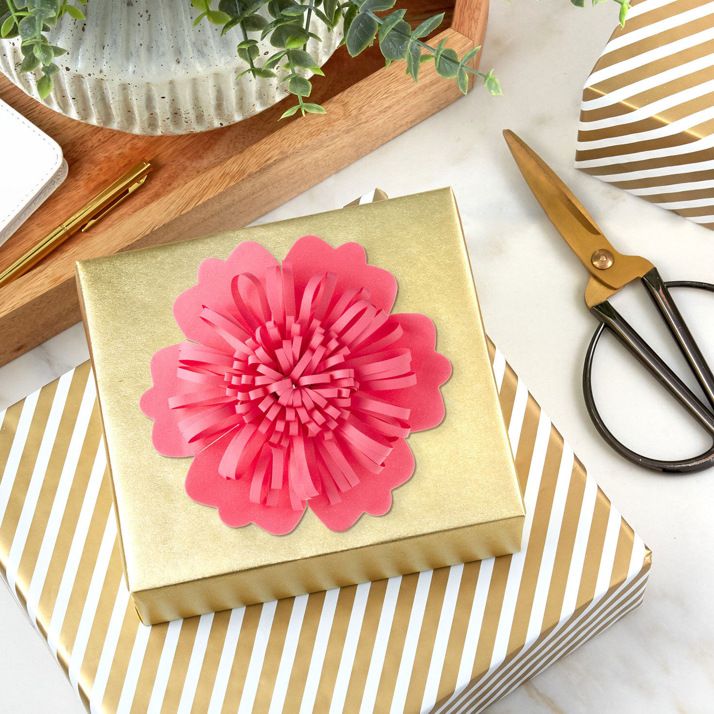 Scalloped Floral Gift Bow in Coral Pink in use image number 2