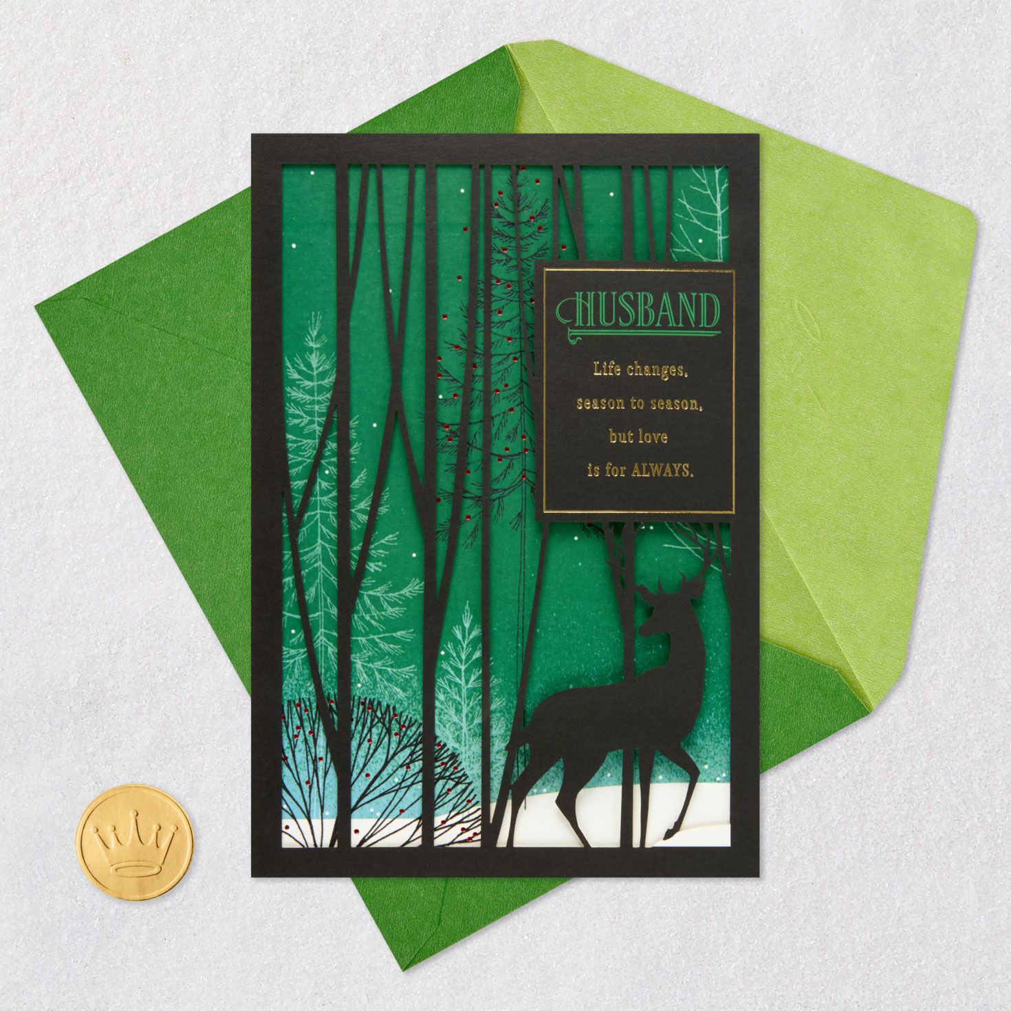 Buck Deer in Woods Husband Christmas Card Card Front with Envelope and Gold Seal image number 7