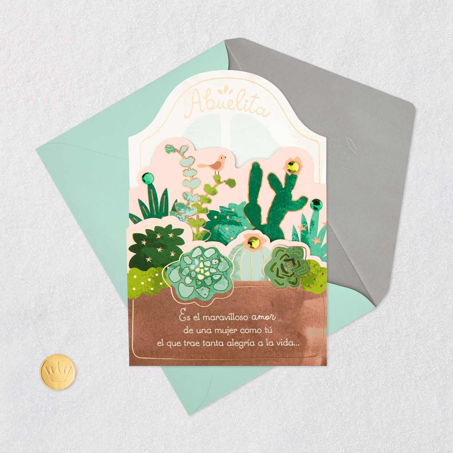 Succulent Plants Grandma Spanish Mother's Day Card Card Front with Envelope and Gold Seal image number 7