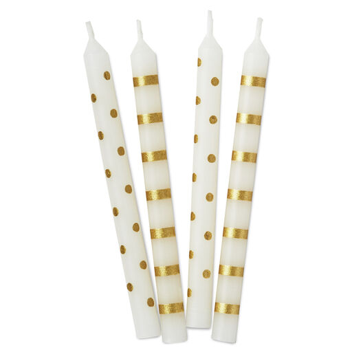 Gold Stripes and Polka Dots on White Birthday Candles, Set of 16, 